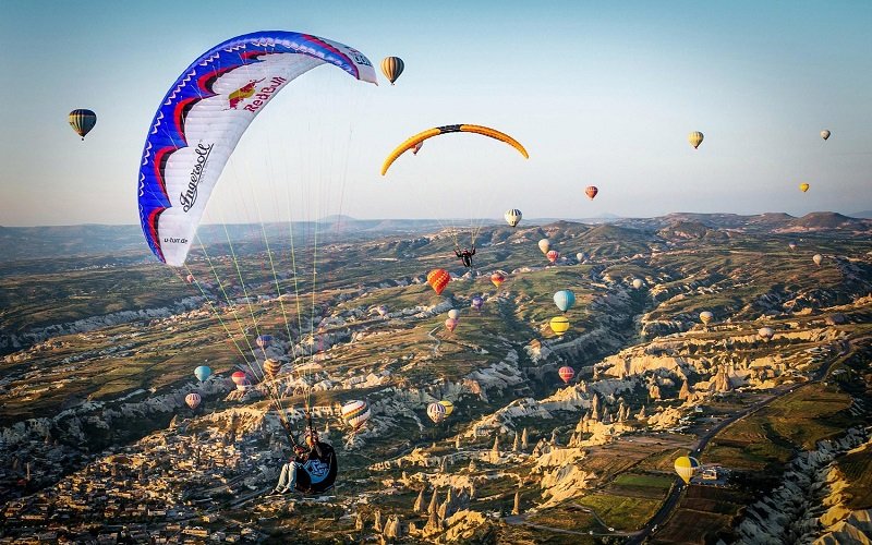 Veso Ovcharov of Bulgaria and Petar Loncar of Serbia perform during the Triple infinity tumbling Synchro World record project in Cappadocia, Turkey on June 21, 2015.